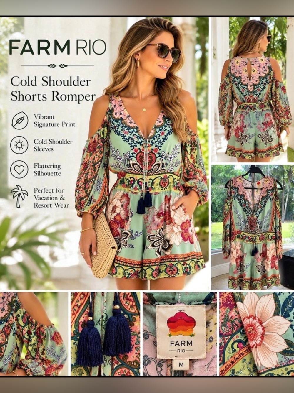 Farm Rio Cold Shoulder Shorts Romper Floral Green & Pink Medium